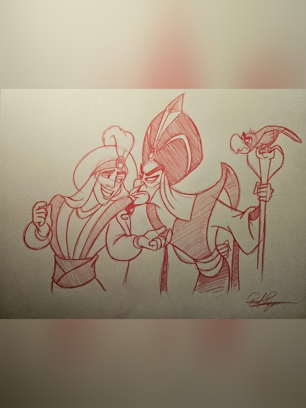 Disney Aladdin Jafar Iago Drawing/Sketch Animation Art Signed Prince Ali